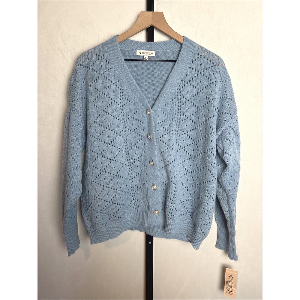 NEW Nanette‎ Lepore Pointelle Cardigan Sweater Size XL Blue Pearl Buttons Boxy
